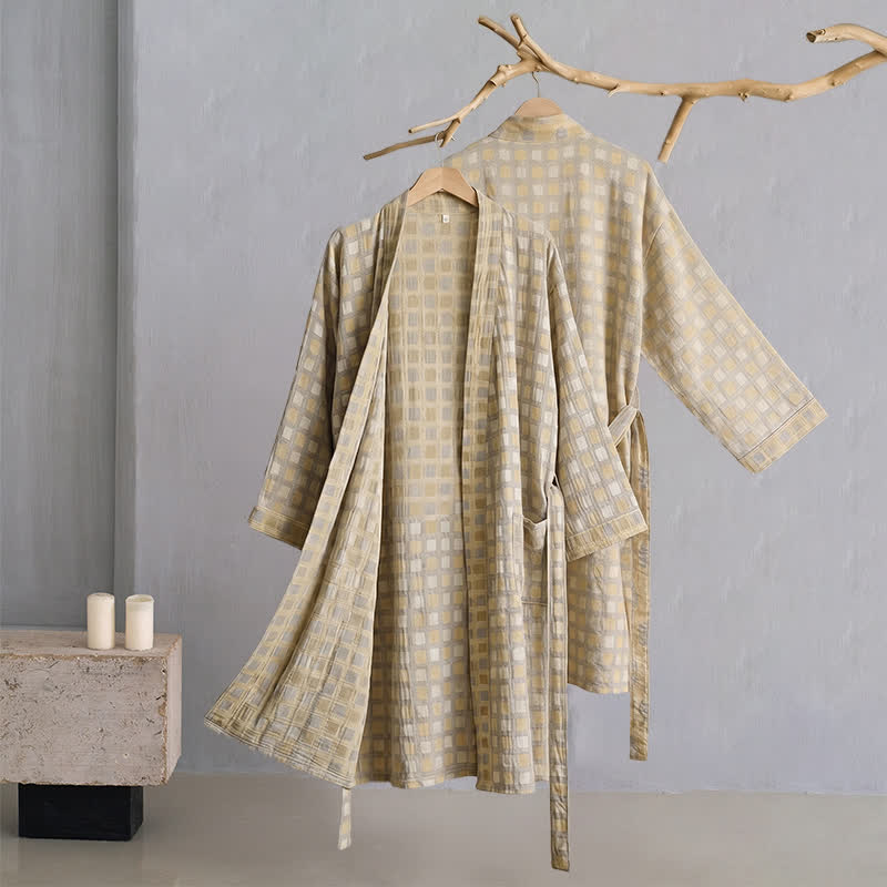 Peignoir kimono Ownkoti en coton doux jaune et gris à carreaux - image 2