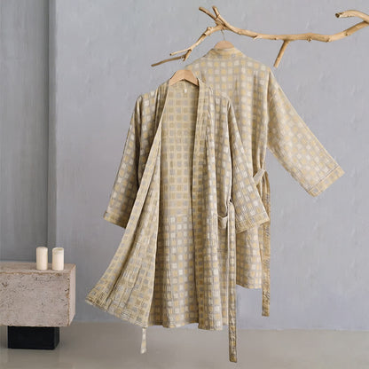 Peignoir kimono Ownkoti en coton doux jaune et gris à carreaux - image 2