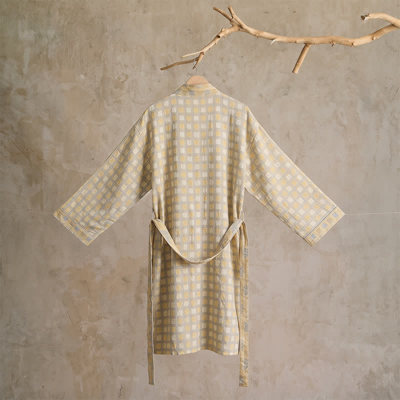 Peignoir kimono Ownkoti en coton doux jaune et gris à carreaux - image 1