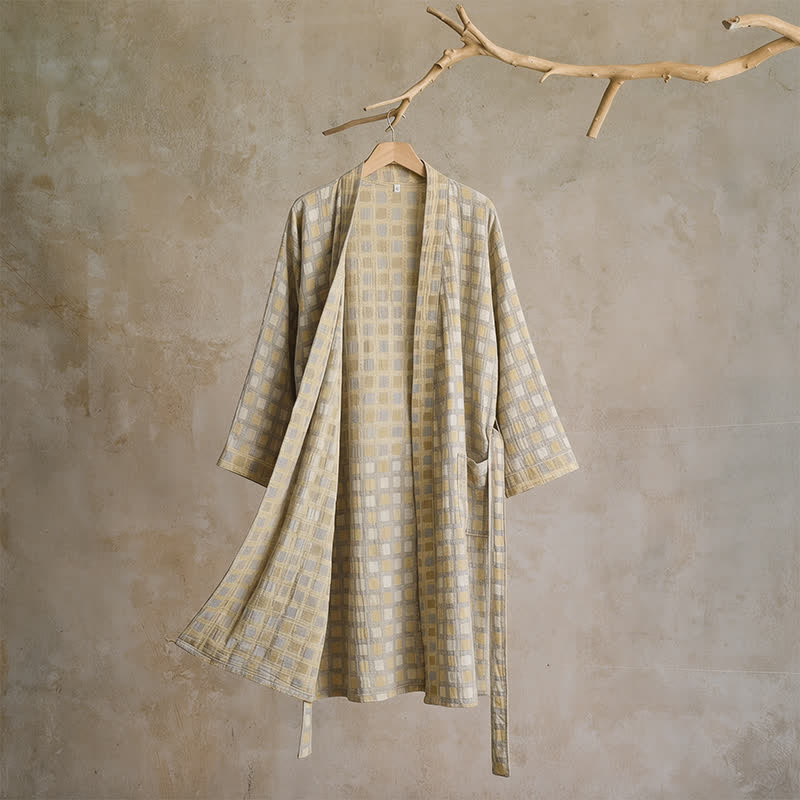 Peignoir kimono Ownkoti en coton doux jaune et gris à carreaux - L - image 0
