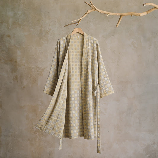 Peignoir kimono Ownkoti en coton doux jaune et gris à carreaux - L - image 0