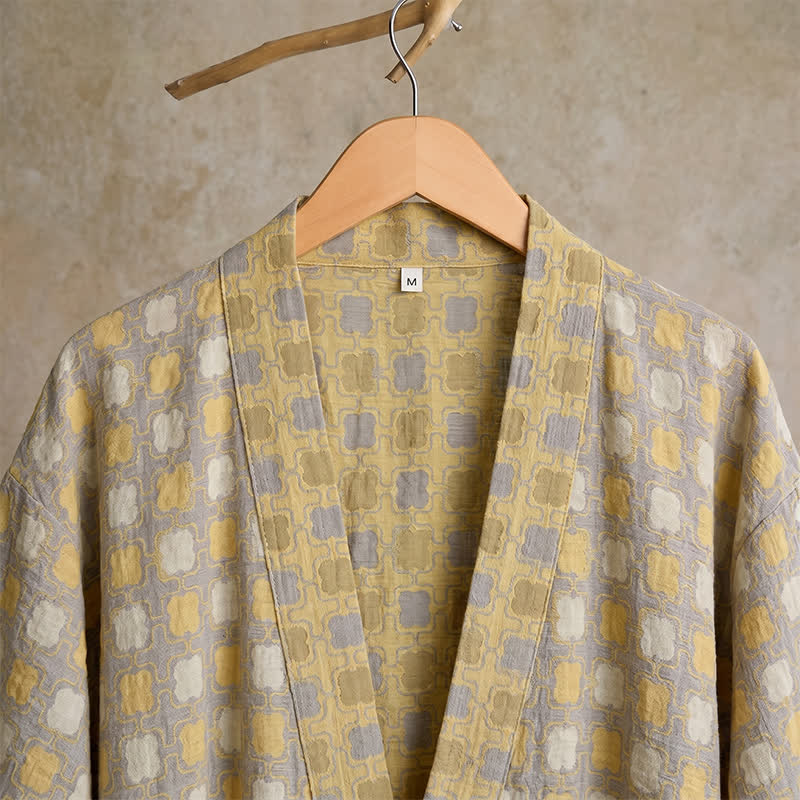 Peignoir kimono Ownkoti en coton doux jaune et gris à carreaux - image 5