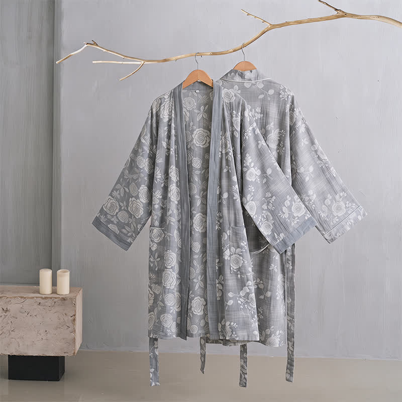 Kimono Ownkoti en coton bleu poudré imprimé roses - image 2