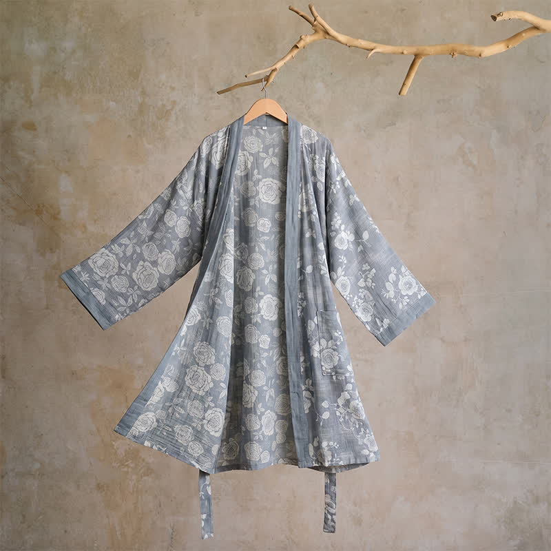 Kimono Ownkoti en coton bleu poudré imprimé roses - L - image 0