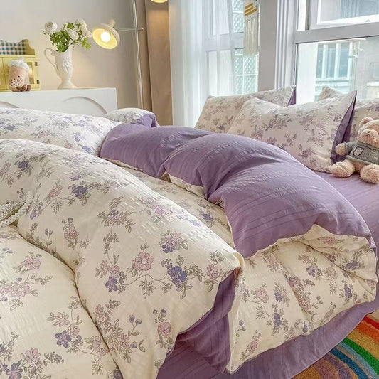 Ensemble de literie en coton Ownkoti Pastel Purple Floral Cottagecore - Roi - Ensemble de literie (drap plat) - image 0
