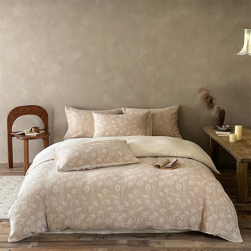 Parure de lit en coton jacquard à motif floral camel Ownkoti - Chameau - Drap-housse - Roi - image 0