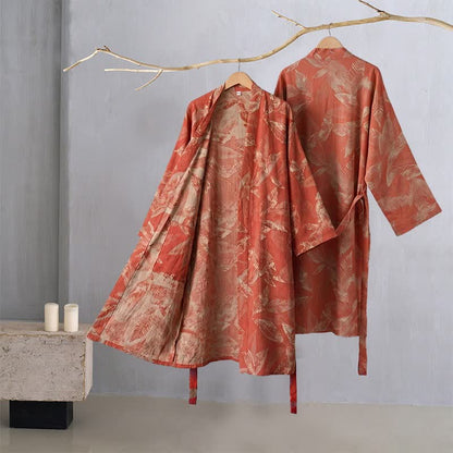 Peignoir de style kimono en gaze de coton à motif de feuilles de corail - image 1