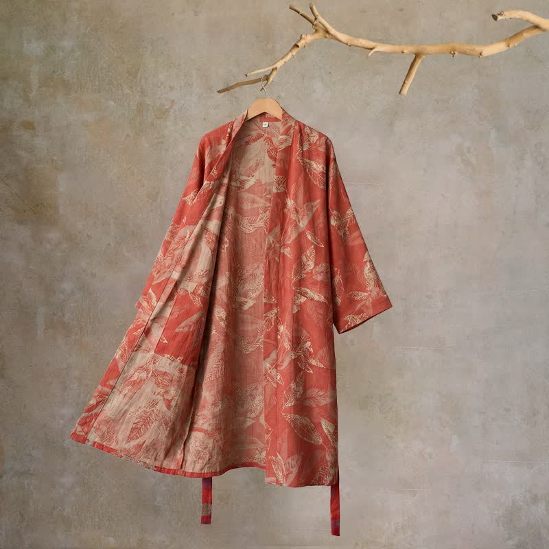Peignoir de style kimono en gaze de coton à motif de feuilles de corail - Rouge - XL - image 0