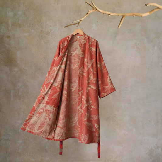 Peignoir de style kimono en gaze de coton à motif de feuilles de corail - Rouge - XL - image 0