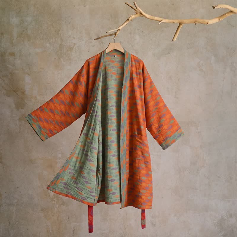 Peignoir de style kimono en gaze de coton à motif de poisson - Orange - L - image 0