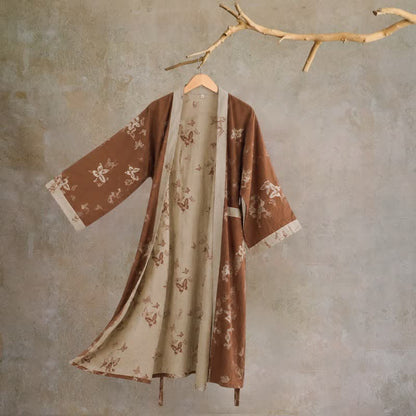Peignoir kimono élégant en coton à motif papillon - Café - 2XL - image 0
