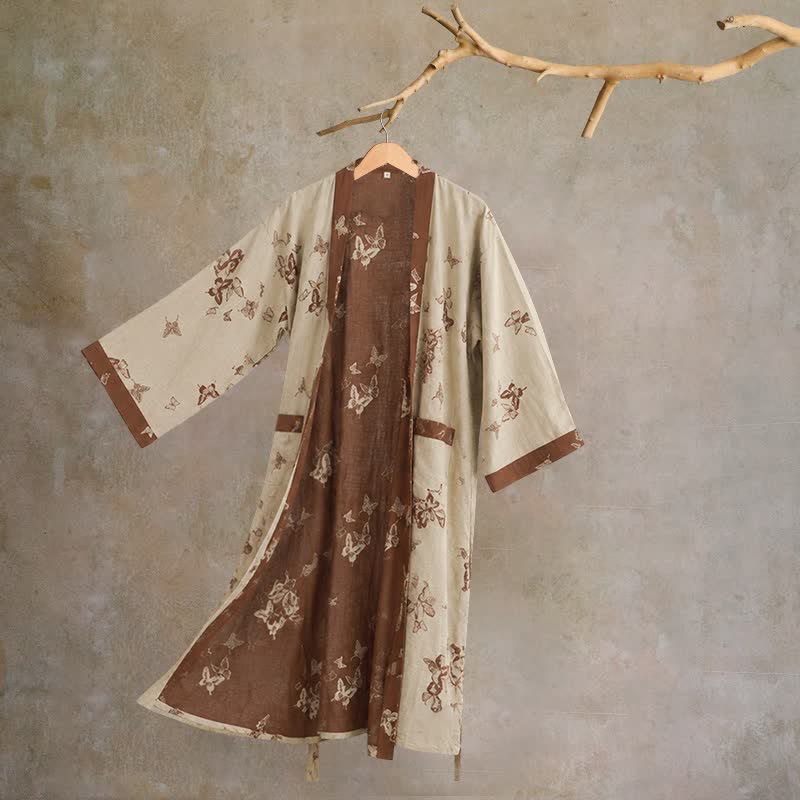 Peignoir kimono élégant en coton à motif papillon - Beige - 2XL - image 9