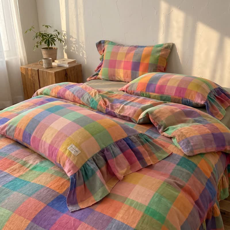 Ensemble de literie à carreaux colorés en coton à volants Ownkoti (4 pièces) - image 2