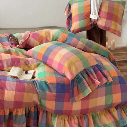 Ensemble de literie à carreaux colorés en coton à volants Ownkoti (4 pièces) - image 4