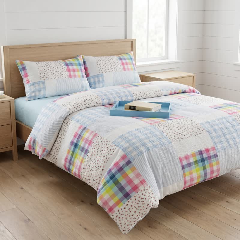 Ensemble de literie en coton à carreaux arc-en-ciel et patchwork floral Ownkoti (4 pièces) - Roi - Drap-housse - image 0