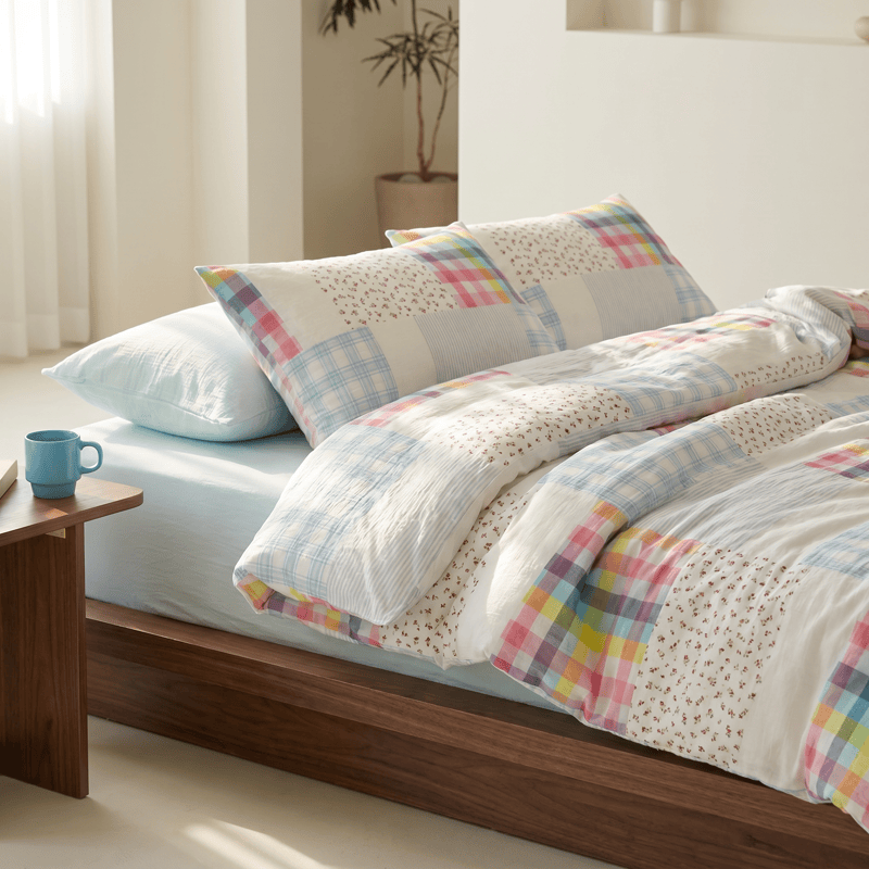 Ensemble de literie en coton à carreaux arc-en-ciel et patchwork floral Ownkoti (4 pièces) - image 1