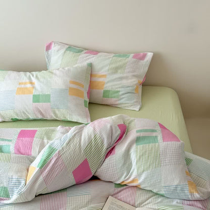Ensemble de literie en coton patchwork multicolore pastel Ownkoti (4 pièces) - Vert - Drap-housse - Roi - image 8