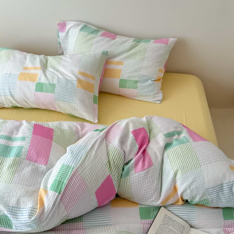 Ensemble de literie en coton patchwork multicolore pastel Ownkoti (4 pièces) - Jaune - Drap-housse - Roi - image 7