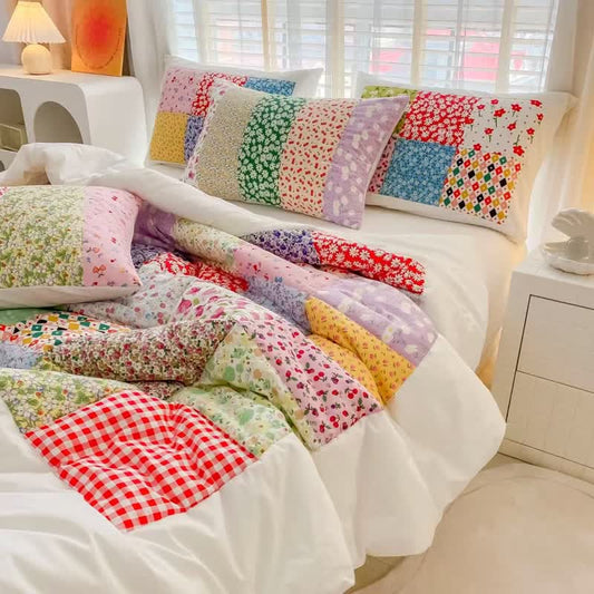Ensemble de literie à motifs floraux en patchwork de coton coloré Ownkoti - Blanc - Ensemble de literie 4 pièces - Reine - image 0