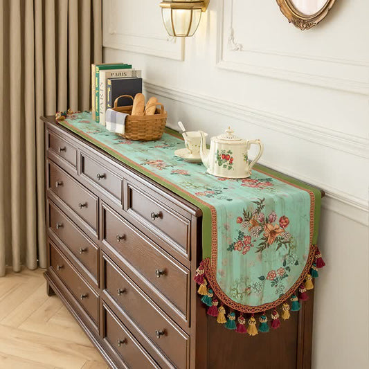 Chemin de table vintage à motifs floraux verts et à pompons - Vert - 40 cm x 260 cm - image 0