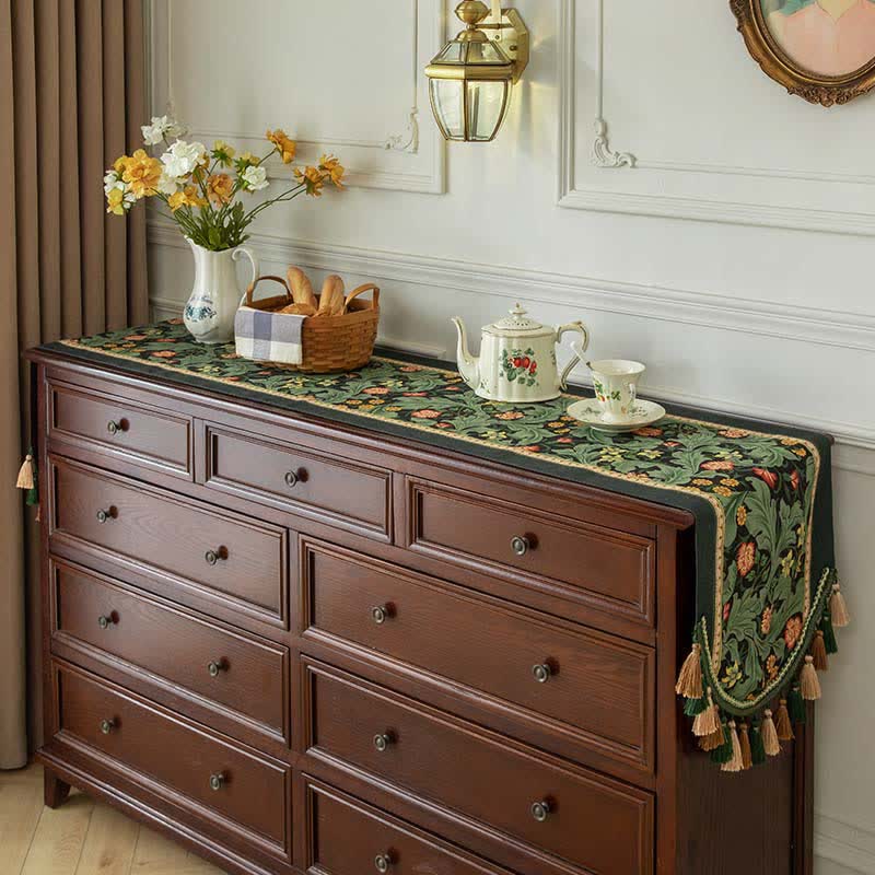 Chemin de table à motif botanique tropical et bordure à pompons - Vert - 40 cm x 220 cm - image 0