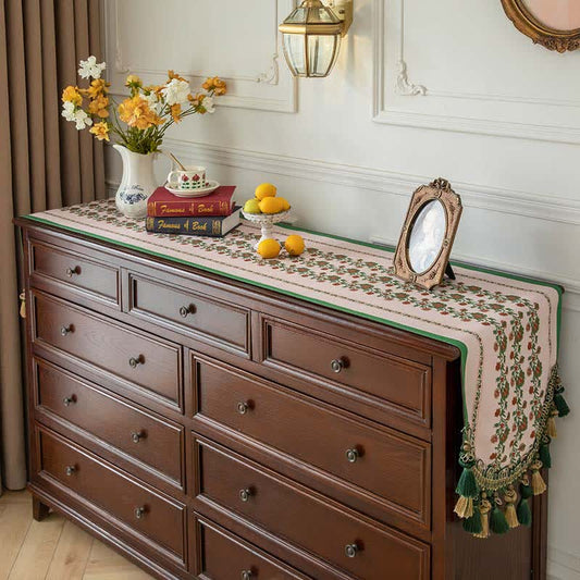 Chemin de table élégant à motif floral et bordure à pompons - Beige - 40 cm x 260 cm - image 0