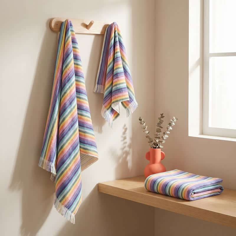 Serviette de toilette en coton respirant à rayures arc-en-ciel Ownkoti - 70 cm x 140 cm - image 0