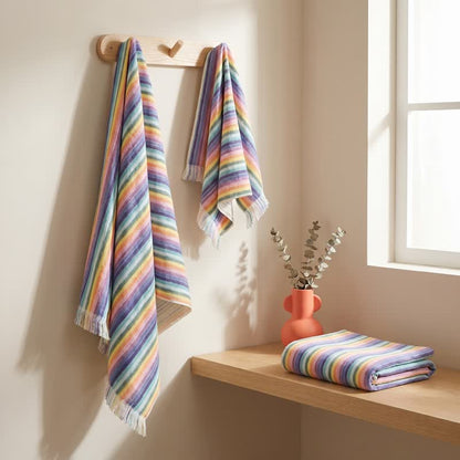 Serviette de toilette en coton respirant à rayures arc-en-ciel Ownkoti - 70 cm x 140 cm - image 0