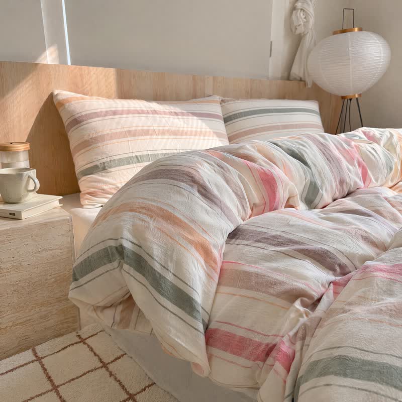 Ensemble de literie Ownkoti Nordic en coton doux à rayures multicolores - image 1