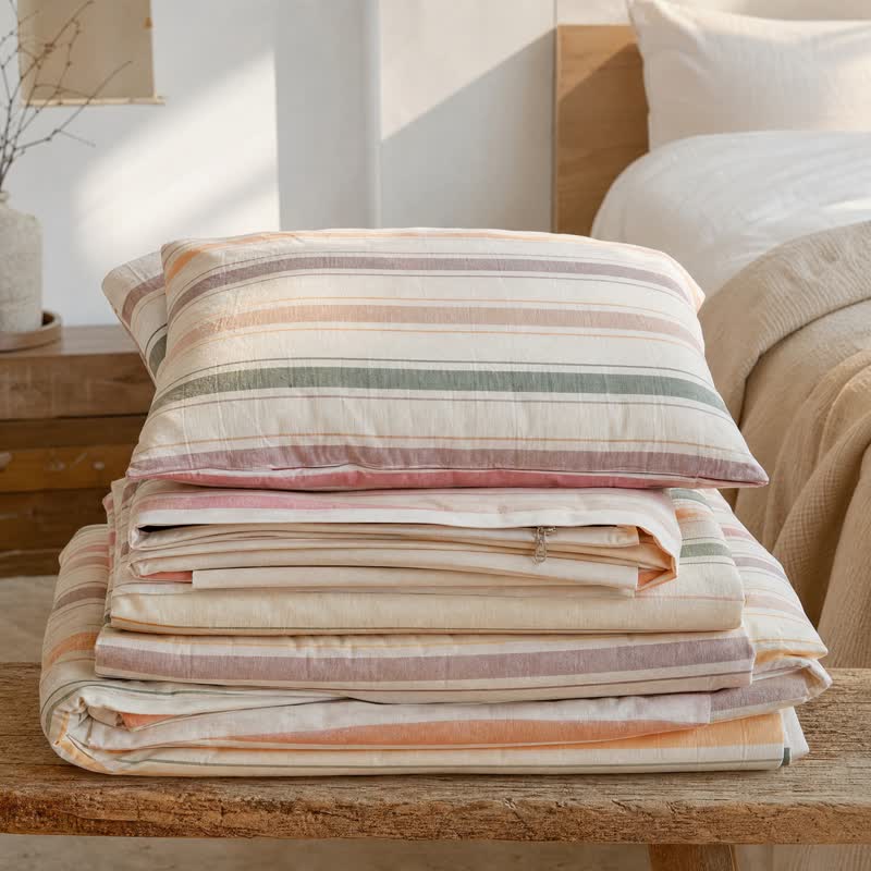 Ensemble de literie Ownkoti Nordic en coton doux à rayures multicolores - image 3