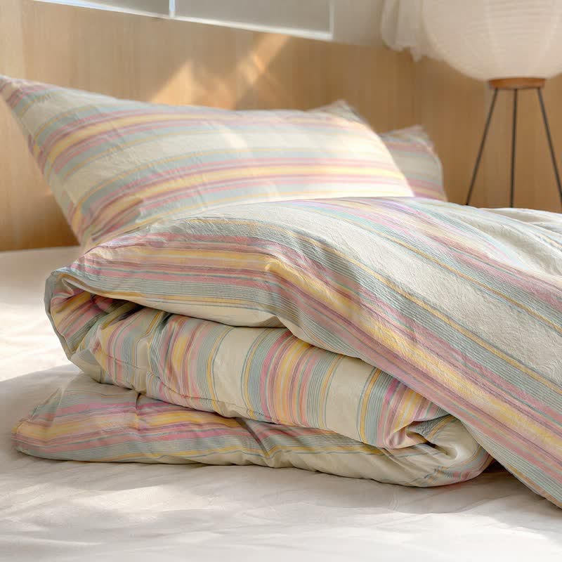 Ensemble de literie en coton à rayures multicolores pastel douces Ownkoti - image 3