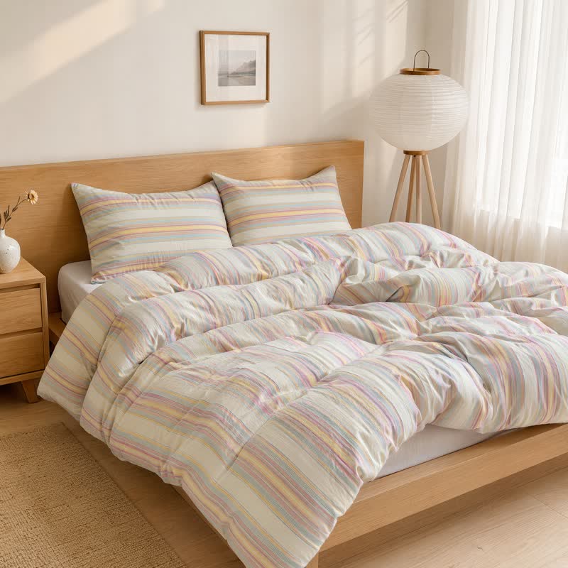 Ensemble de literie en coton à rayures multicolores pastel douces Ownkoti - image 1