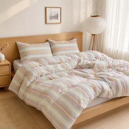 Ensemble de literie en coton à rayures multicolores pastel douces Ownkoti - image 1