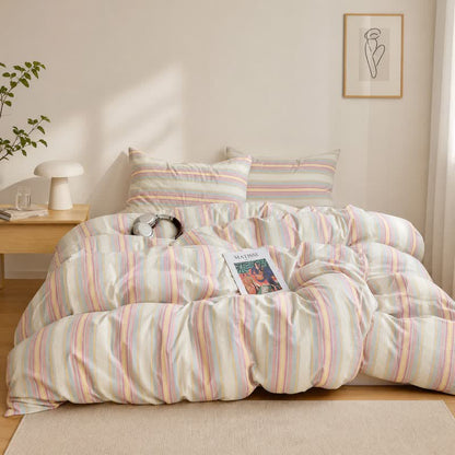 Ensemble de literie en coton à rayures multicolores pastel douces Ownkoti - Rose crème - Roi - Ensemble de literie - image 0