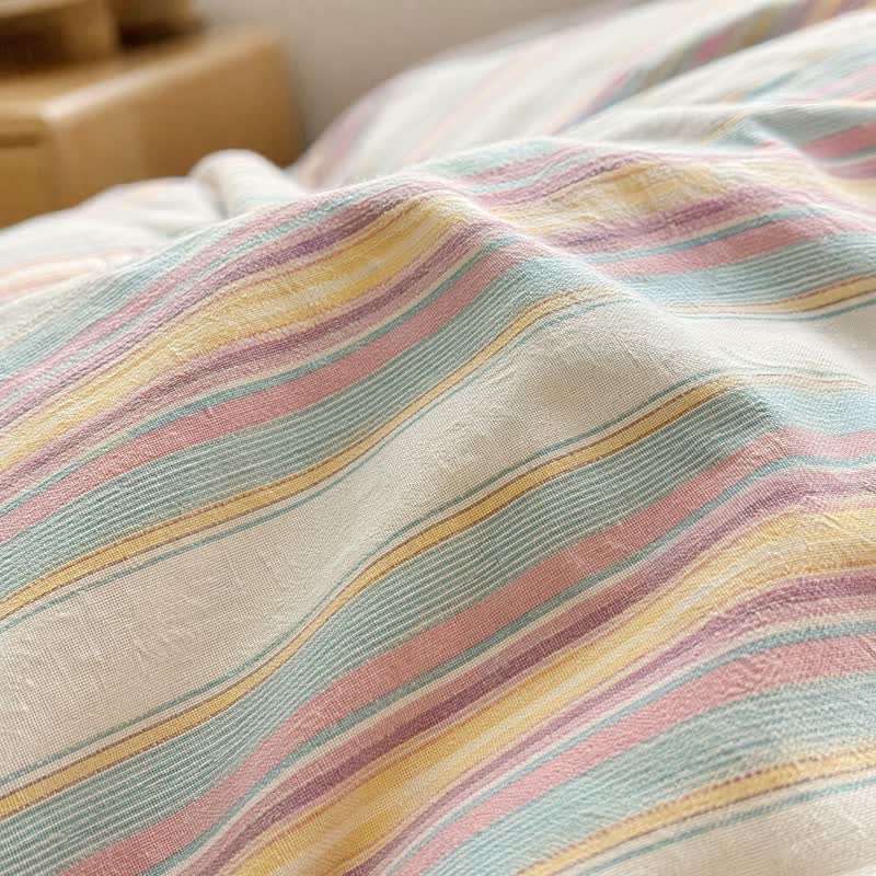 Ensemble de literie en coton à rayures multicolores pastel douces Ownkoti - image 5