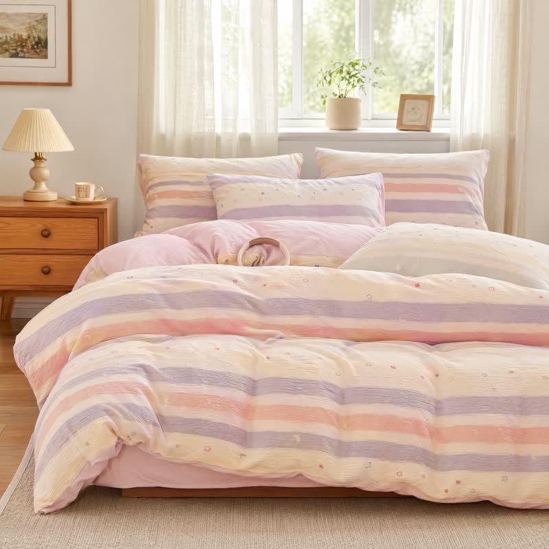 Parure de lit Ownkoti Pastel Stripe Starry Triple Gaze - Arc-en-ciel - Roi - Feuille plate - image 0