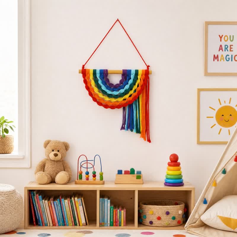Décoration murale Ownkoti tissée à la main en corde de coton arc-en-ciel - Arc-en-ciel - 9,8″ × 9,8″ - image 0