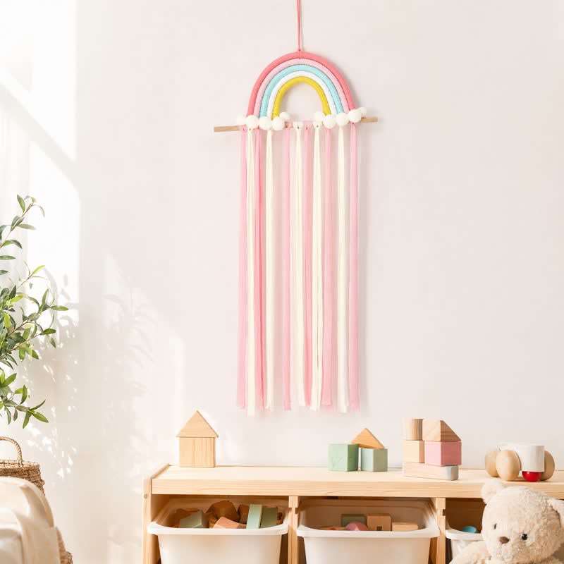 Décoration murale à pompons arc-en-ciel nordiques faite main Ownkoti - Rose - 30'' × 12'' - image 0