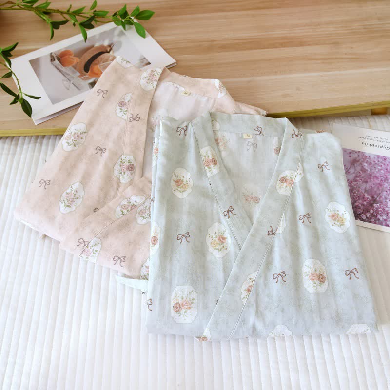 Peignoir kimono en coton Ownkoti à motif rose et nœud. - image 3