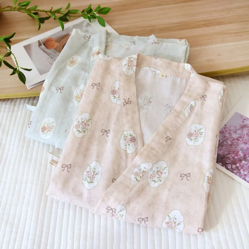 Peignoir kimono en coton Ownkoti à motif rose et nœud. - image 2