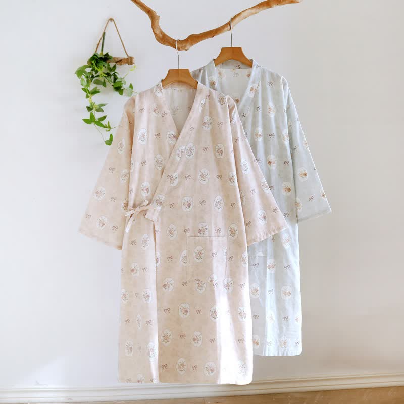 Peignoir kimono en coton Ownkoti à motif rose et nœud. - image 1
