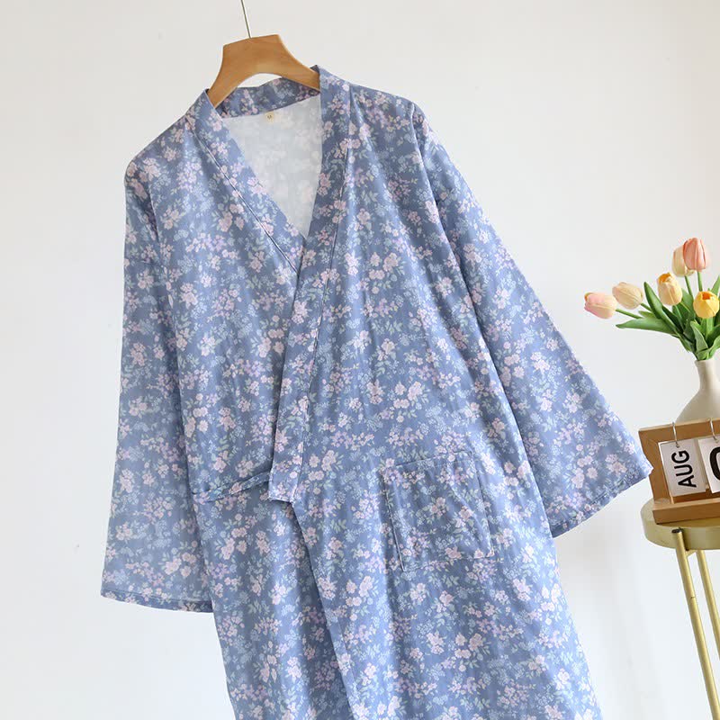 Kimono Ownkoti en coton bleu rustique à fleurs - image 2