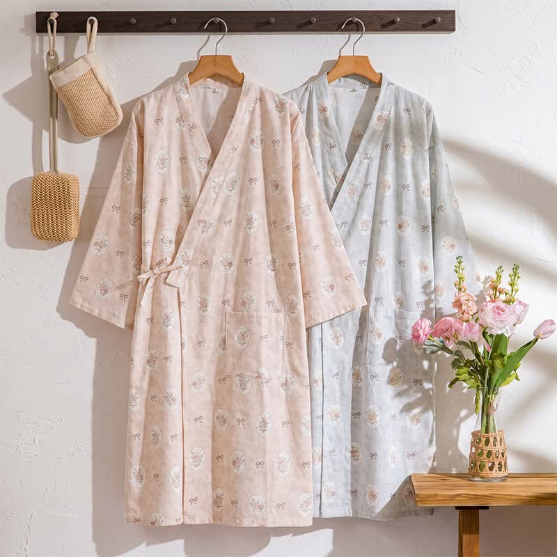 Peignoir kimono en coton Ownkoti à motif rose et nœud. - image 0