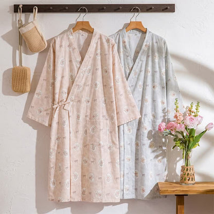 Peignoir kimono en coton Ownkoti à motif rose et nœud. - image 0