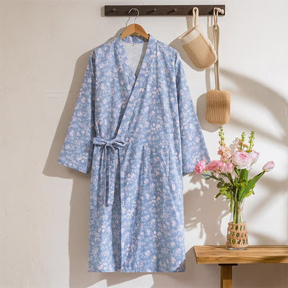 Kimono Ownkoti en coton bleu rustique à fleurs - Bleu - XL - image 0