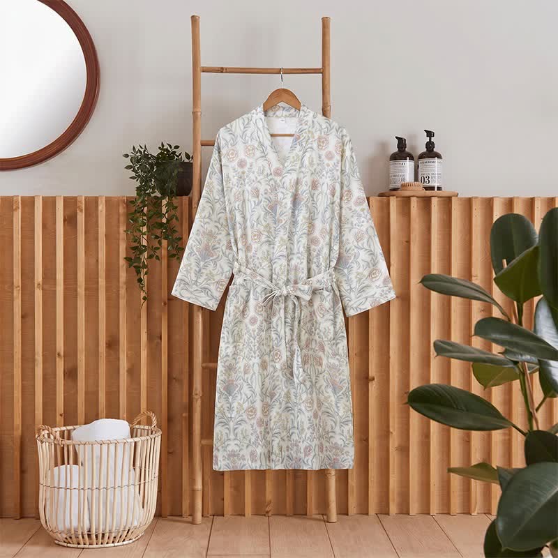 Peignoir kimono Ownkoti en gaze de coton à motif floral avec poche - Beige - XL - image 0