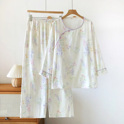 Ensemble de salon en double gaze de coton à motifs floraux - Blanc - XL - image 0