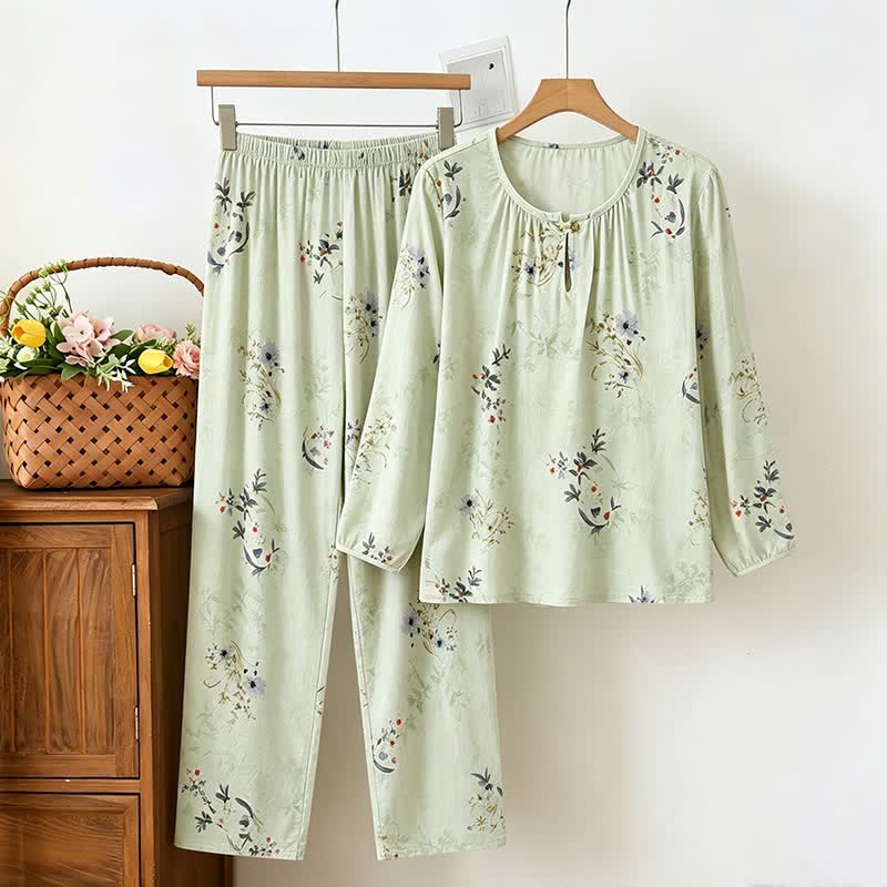 Pyjama à manches longues vert clair à motifs floraux - Vert - XXL - image 0