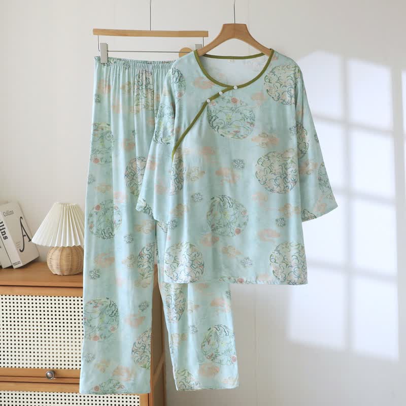 Pyjama traditionnel oriental pour femme à motifs floraux - Vert - XXL - image 0