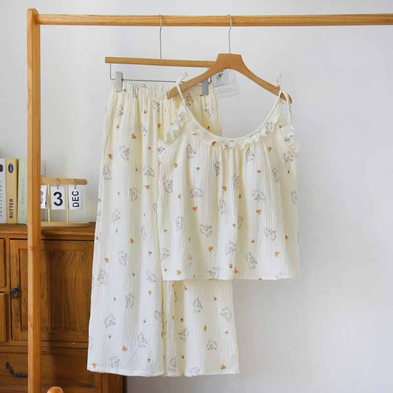 Pyjama en gaze de coton à volants avec un motif de cheval - Beige - XL - image 0